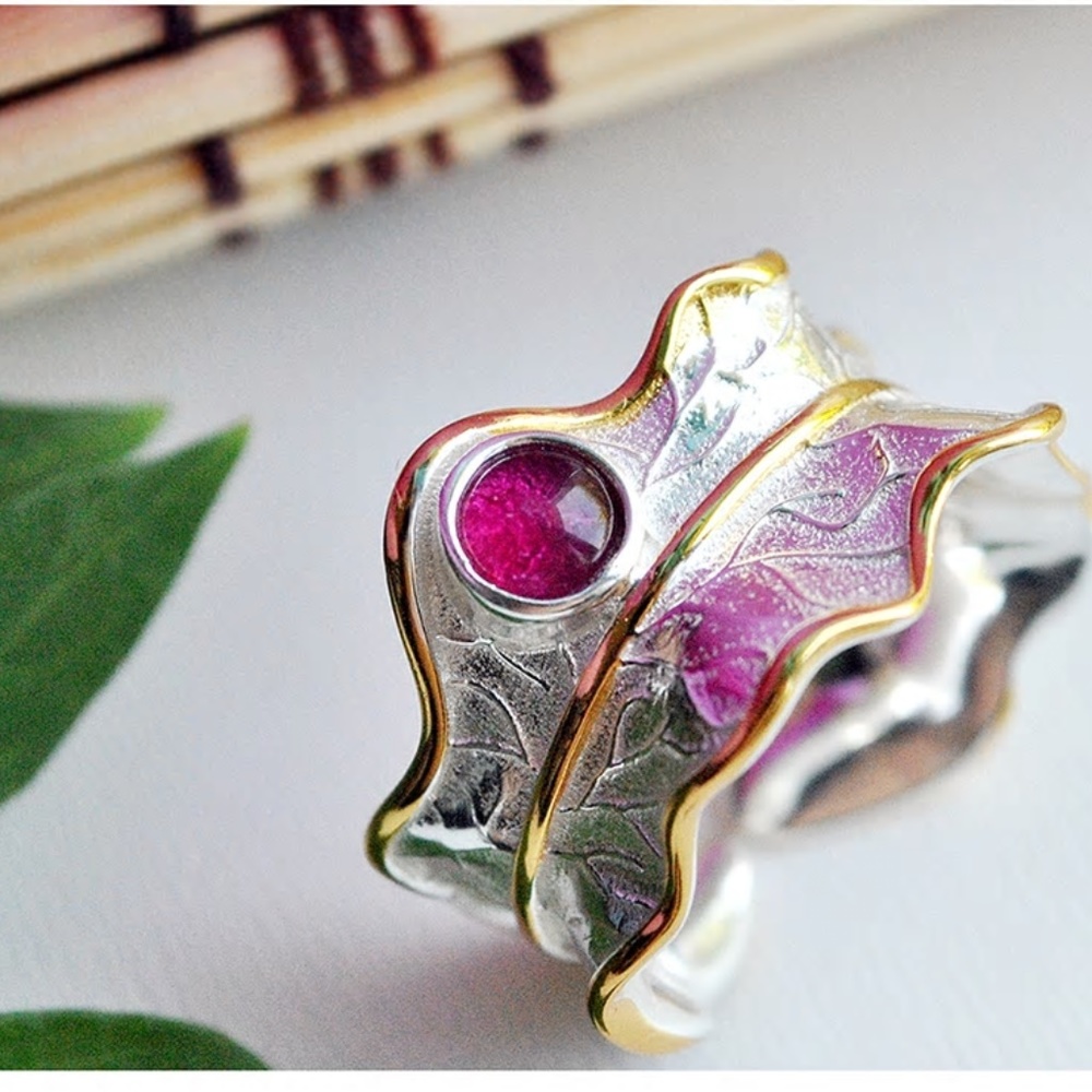 925 Sterling Silver Red Tourmaline Gemstone Wide Leaf Open Adjustable Ring